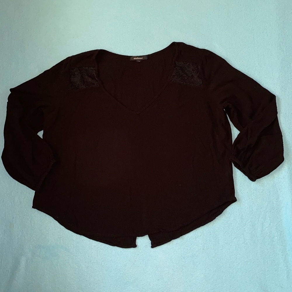 AMBIANCE gauze v-neck long sleeve lace insets flowy lightweight black NEW size L